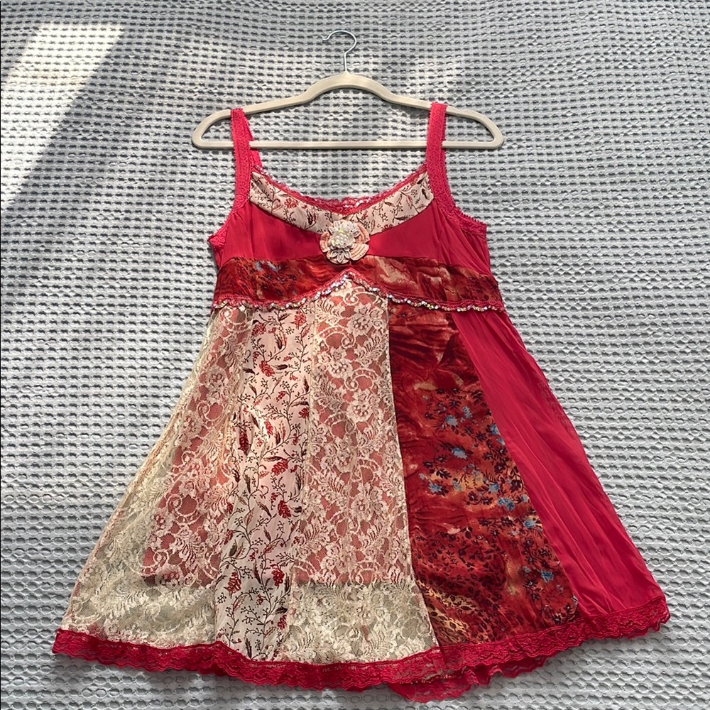 Nevada Spaghetti Strap Tank Dress with Patchwork Lace & Fabric Panels